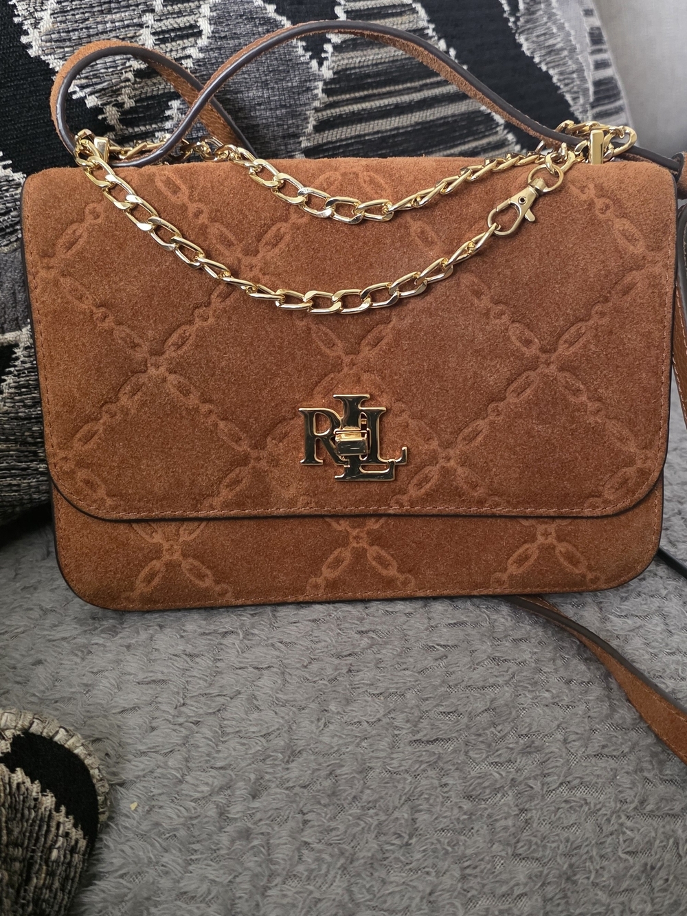 Ralph Lauren Cognac Suede Chain-Accent Shoulder Bag - Picture 2 of 8